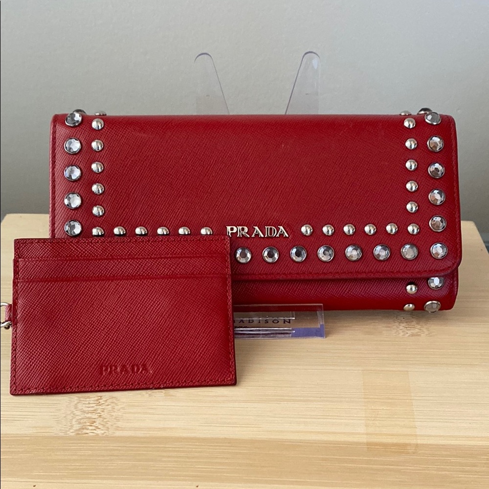 Prada Red Saffinao Studded Borchi Continental Wallet w/Baby Quick Access Pouch